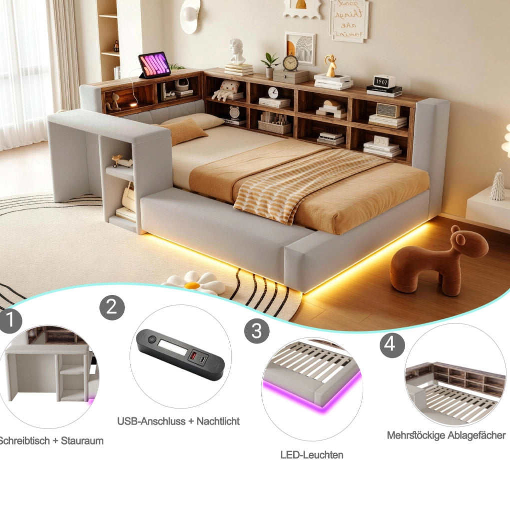Letto imbottito 90 x 200 cm grigio chiaro con contenitori, LED e presa