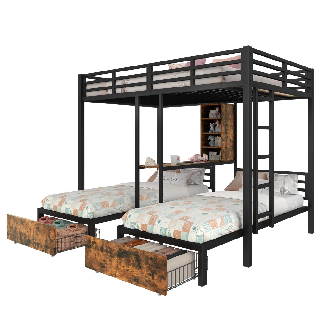 Letto a castello triplo, 140x200 e 90x200, con sponde e vani contenitore, metallo e MDF, nero