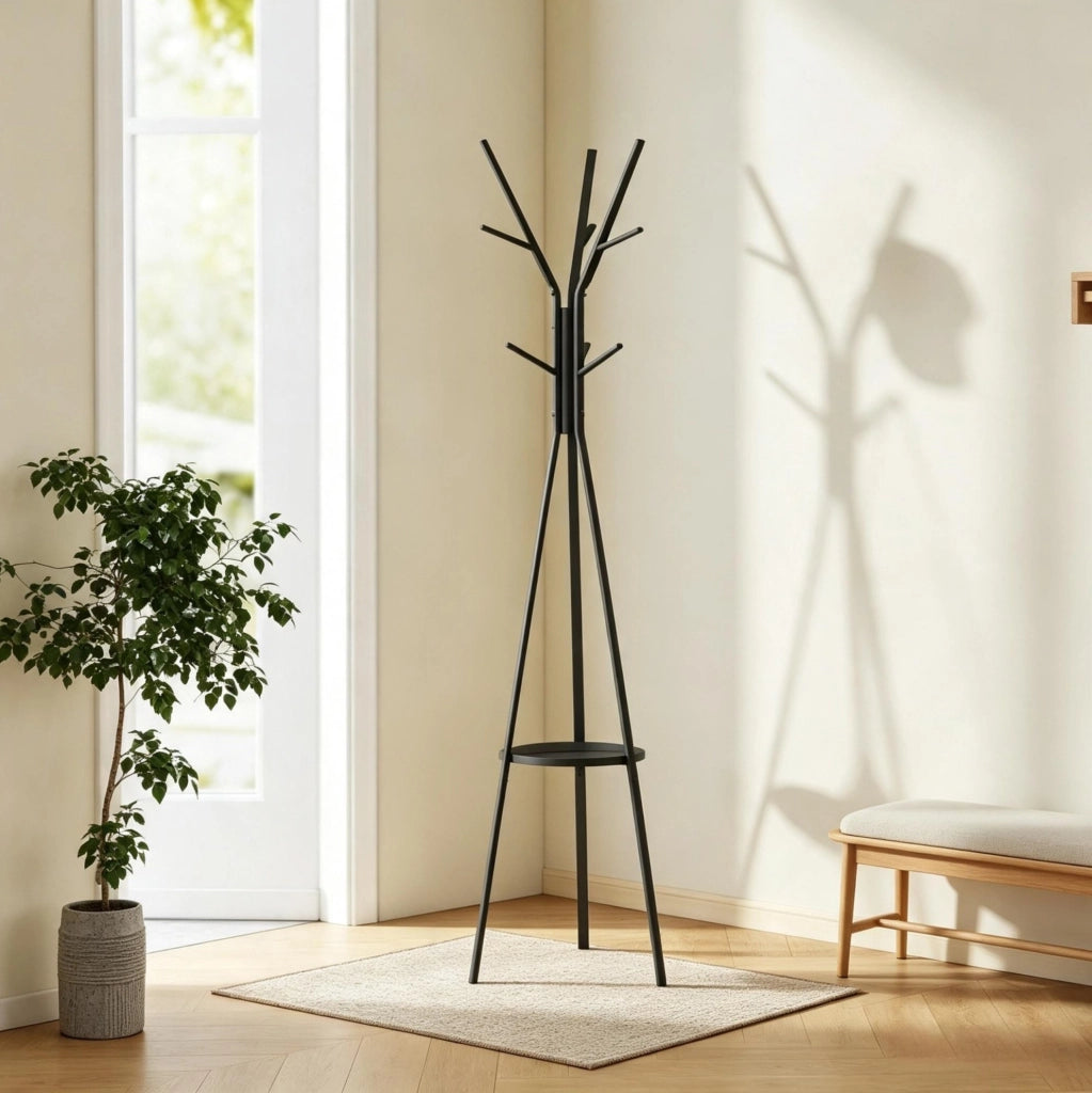 Portaabiti moderno in metallo e MDF con 9 ganci e mensola, colore nero, 45x45x180 cm