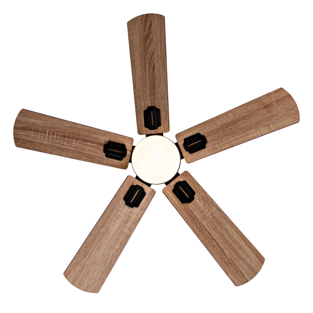 Ventilatore da soffitto con luce e telecomando; 107 cm; 5 pale e 6 velocità; LED dimmerabile; metallo e legno; nero e noce scuro