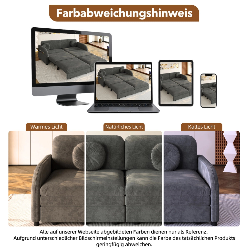 Divano letto estraibile 3-in-1 queen size 166 cm in chenille grigio con cuscini e tasche contenitive laterali