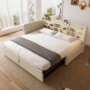 Letto estraibile singolo con rete a doghe in lino beige USB e tipo C testiera con bottoni e ripiani