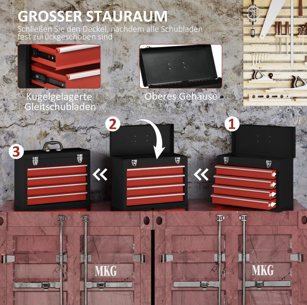 Cassetta porta attrezzi in acciaio con 4 cassetti e serratura 51x22x39,5 cm nero e rosso