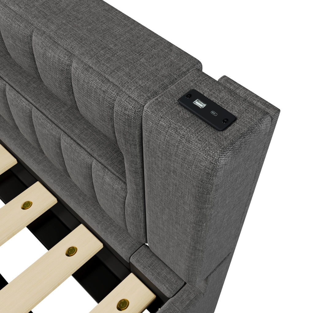 Daybett 90x200 cm in Leinen und MDF mit LED-Lichtleiste, hydraulischem Stauraum, USB + Type-C, Grau