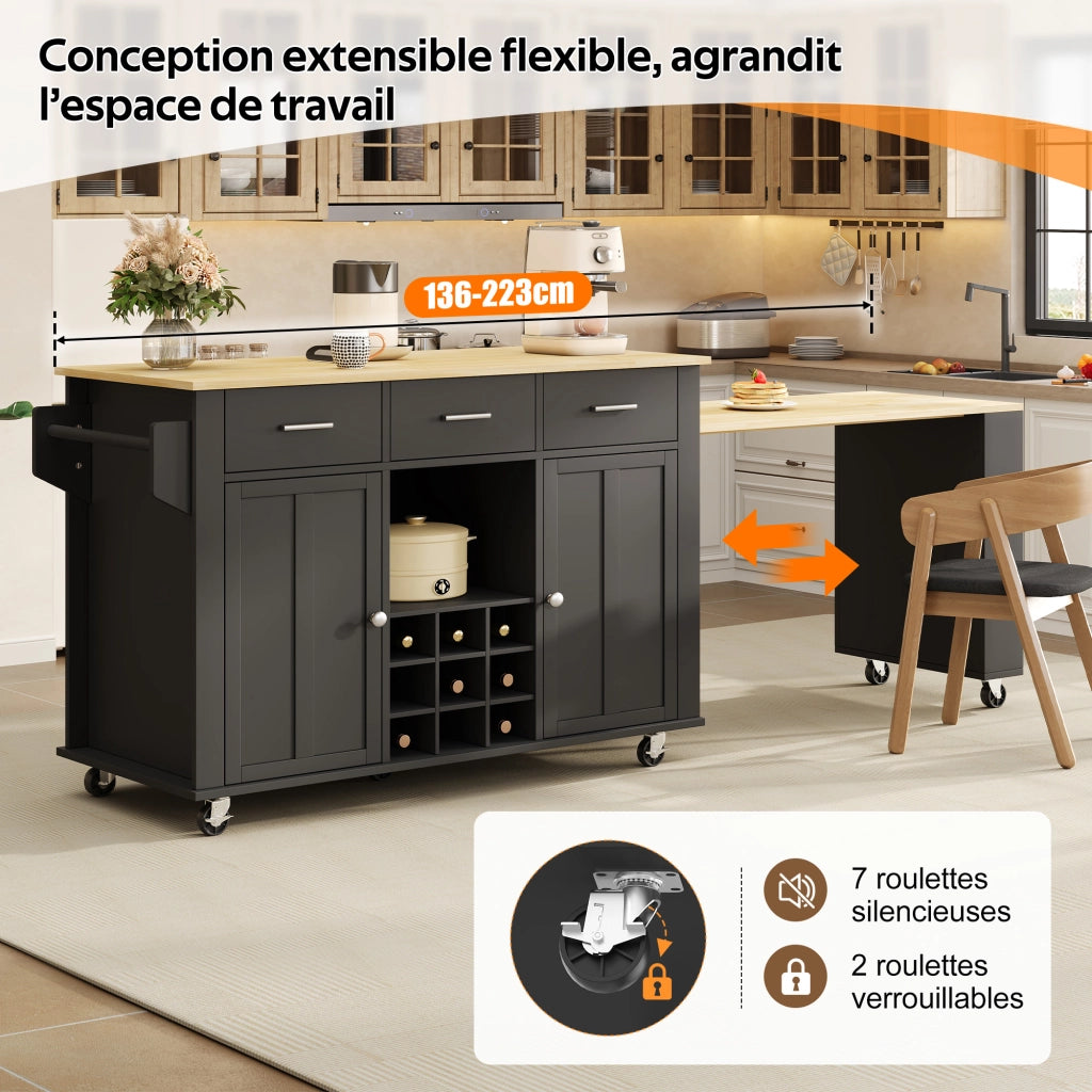 Isola da cucina mobile con piano estensibile 3 cassetti portabottiglie prese USB ruote nero naturale 136 × 50 × 93 cm