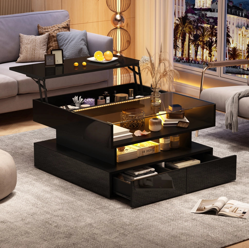 Tavolino da caffè quadrato alzabile 80x80x45 cm con LED; 2 cassetti; vetro temperato; nero