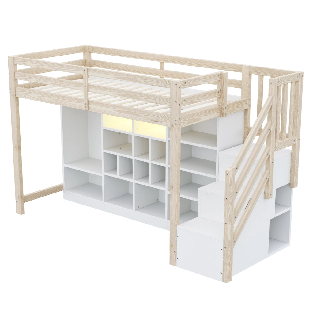 Letto a soppalco 90x200 cm in legno di pino con armadio integrato, ripiani, scala laterale con contenitori e illuminazione LED