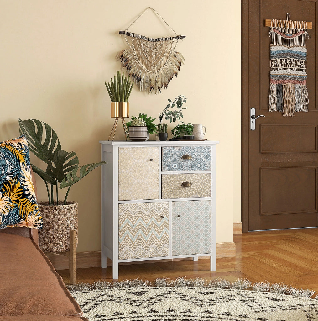 Comò shabby chic in legno con 2 cassetti e 3 vani; bianco