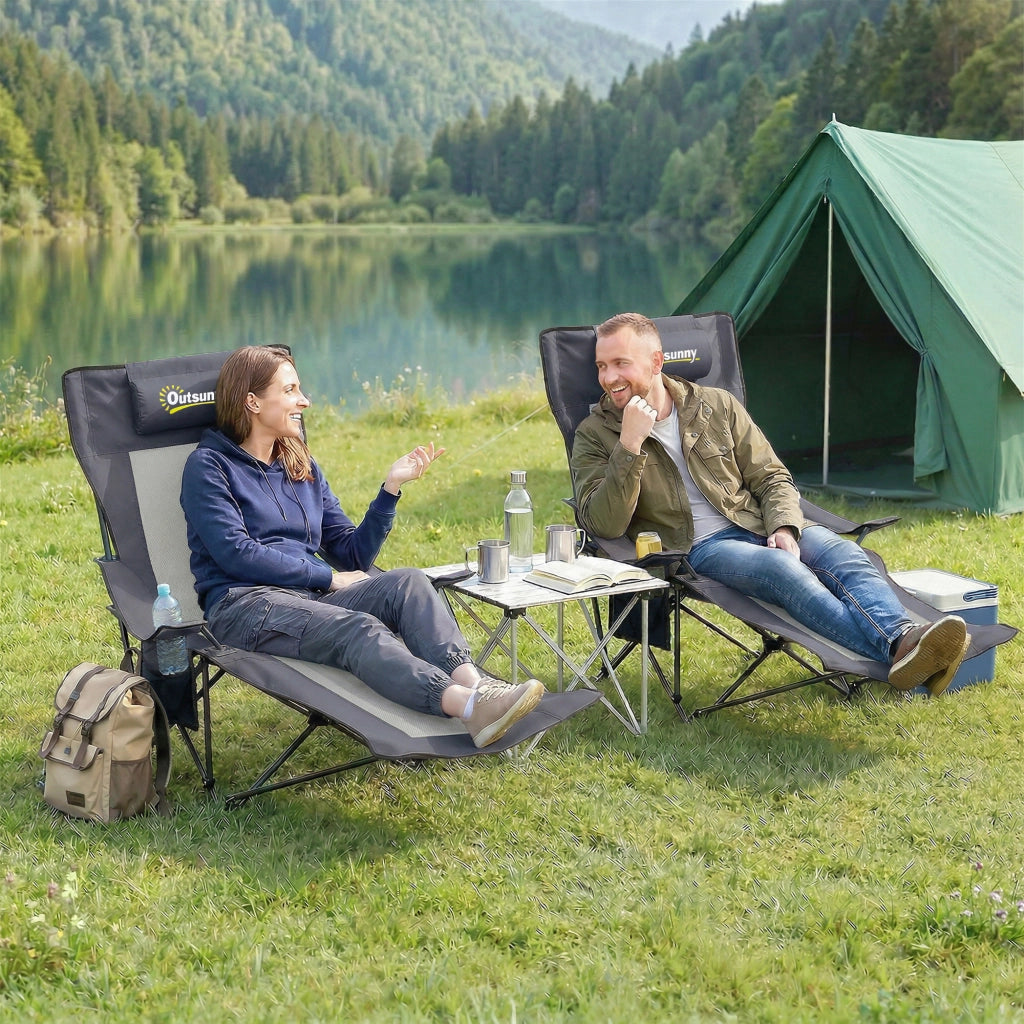 Set 2 Sedie da Campeggio Pieghevoli Grigio Scuro con Schienale Regolabile Poggiapiedi Portabicchieri e Poggiatesta per Giardino Pesca