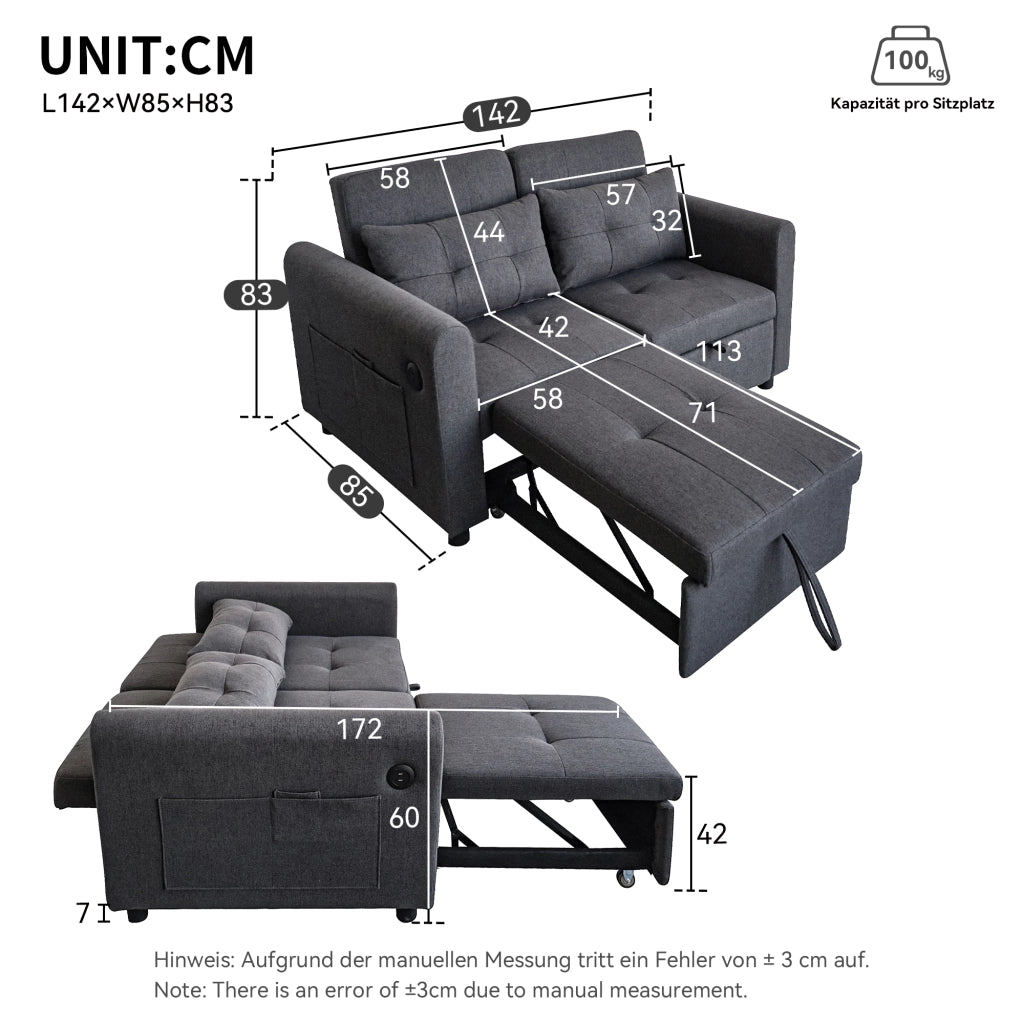 Divano letto 3 in 1 a 2 posti 142 cm con schienale reclinabile e porte USB integrate; tessuto effetto lino; grigio