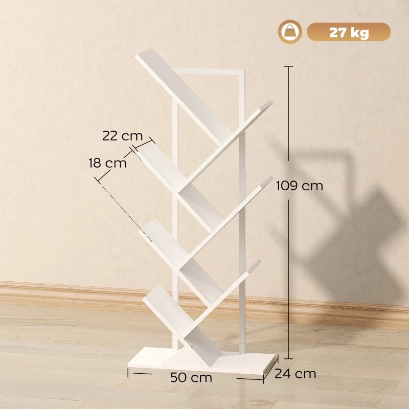 Libreria 50x24x109 cm a forma di albero con 7 ripiani in legno bianco