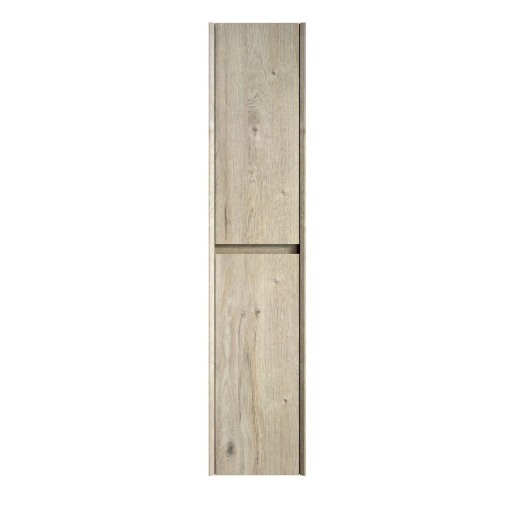 Mobiletto da bagno alto 140 cm con 2 ante, armadietto sottile in legno impiallacciato color crema effetto quercia per spazi piccoli