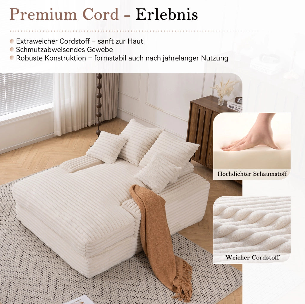 Chaise longue in velluto a coste beige con 4 cuscini