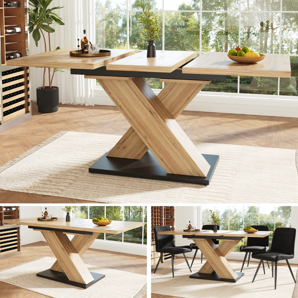 Tavolo da Pranzo Allungabile 119-158;5x80 cm 6-8 Posti LEMONMAX; Sistema Telescopico; Gambe Incrociate Regolabili; Effetto Legno Naturale