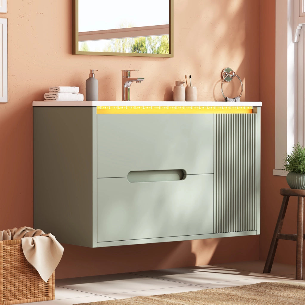 Mobile bagno sospeso 81 cm con lavabo in ceramica, illuminazione LED regolabile e design a onde, colore verde, senza miscelatore