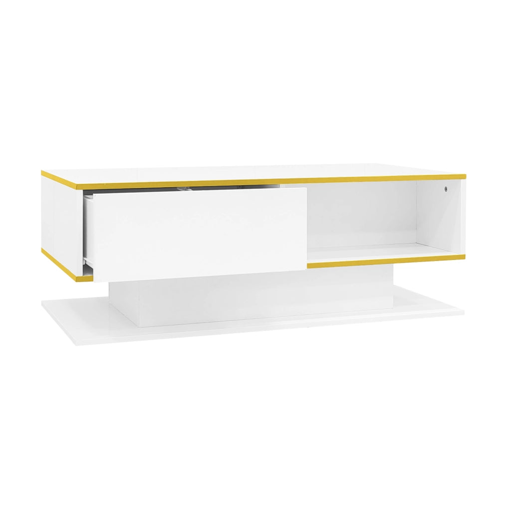 Tavolino da caffè LED 100x50x40 cm con 3 cassetti; bianco lucido e oro