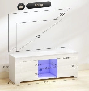 Mobile TV con LED RGB, ripiani in vetro, bianco lucido