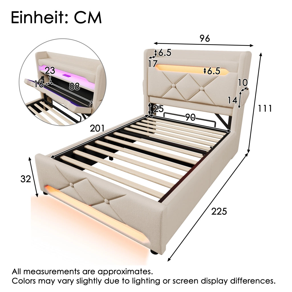 Letto contenitore singolo 90×200 cm con testiera; USB; Type C e LED; materasso incluso; lino; beige