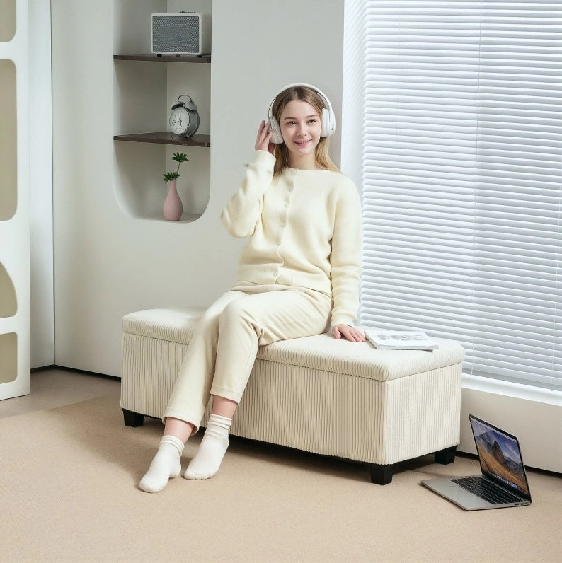 Panca con contenitore in tessuto a coste beige 112x42x40 cm con struttura in acciaio, seduta imbottita per soggiorno e camera