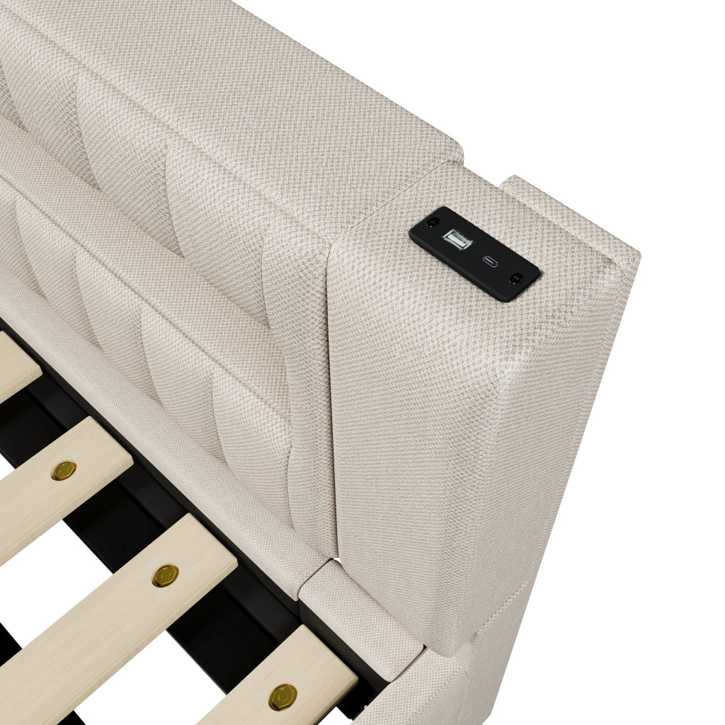 Letto divano 90x200 cm con contenitore con contenitore idraulico; LED; luce ai piedi; USB e Type-C; lino; beige