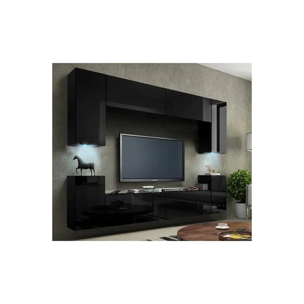 Set di mobili da soggiorno neri sospesi collezione CEPTO I 240cm, 8 porte, 6 scaffali, led