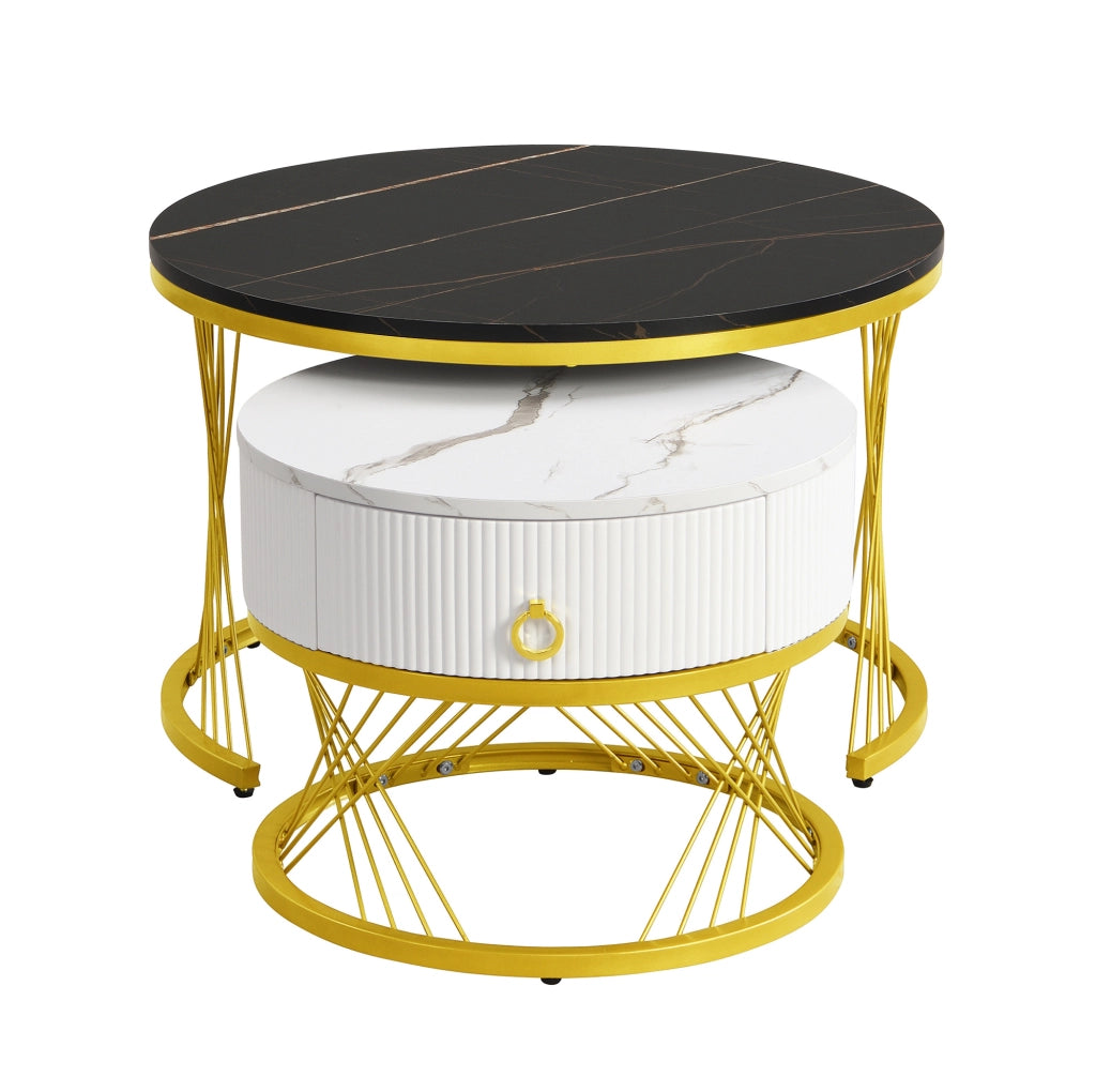 Set di 2 tavolini da caff¨¨ componibili in MDF bianco e oro con cassetto