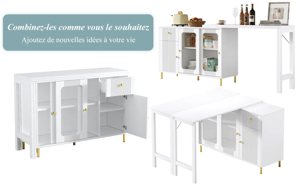Credenza moderna bianca con ante scorrevoli in vetro e motivo ondulato, piano tavolo ribaltabile ed estensibile con superficie girevole, gambe in metallo oro. Per cucina e sala da pranzo