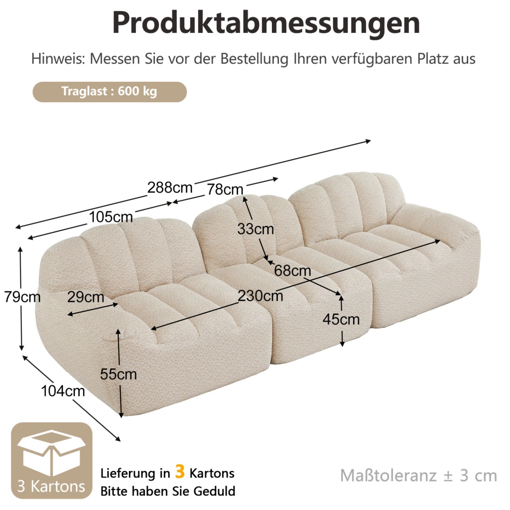 Divano modulare a 3 posti in schiuma densa 32D senza struttura, rivestimento in fleece granulato beige e bianco