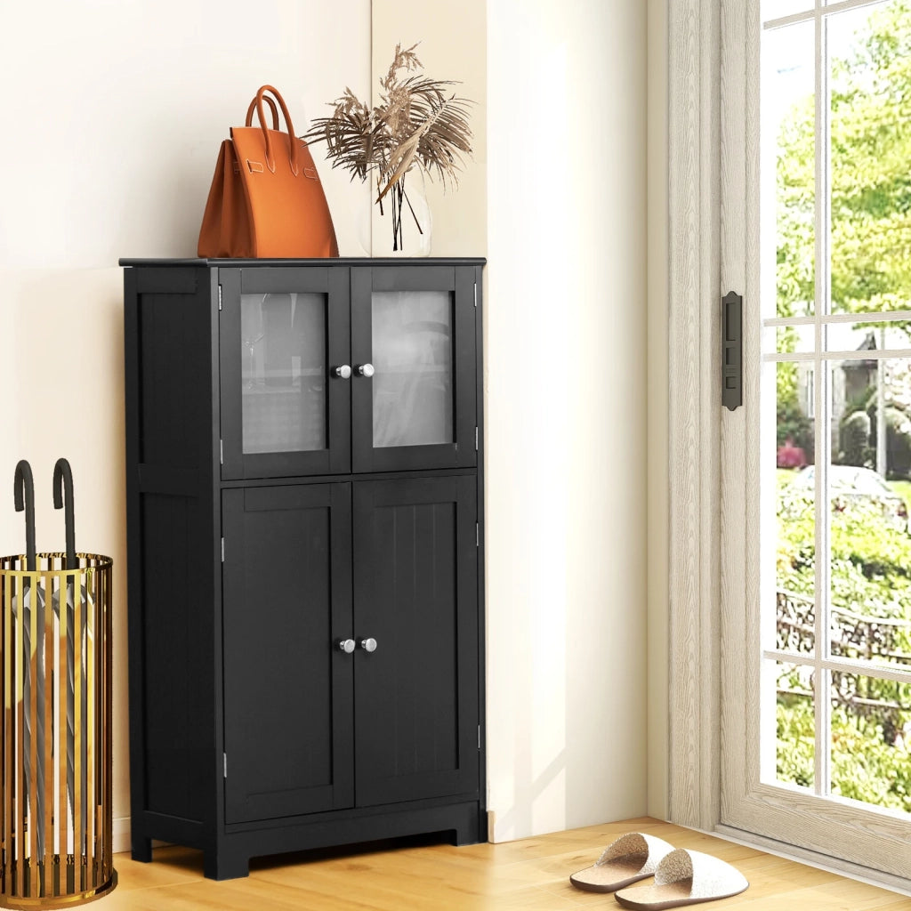 Mobile Alto da Bagno a Colonna in Legno MDF e Vetro Nero con Ante e Ripiano Regolabile Salvaspazio per Casa
