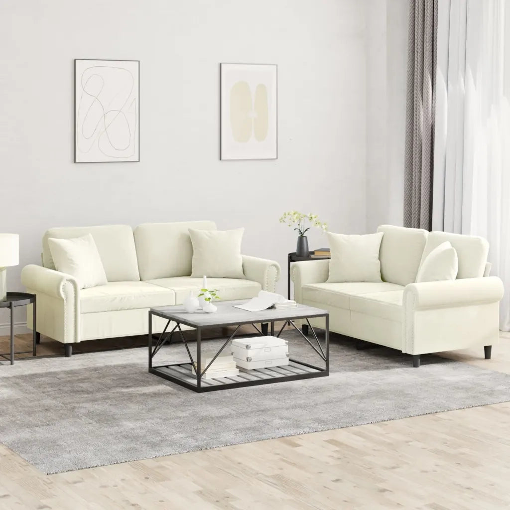 Set di Divani 2 pz con Cuscini Crema in Velluto