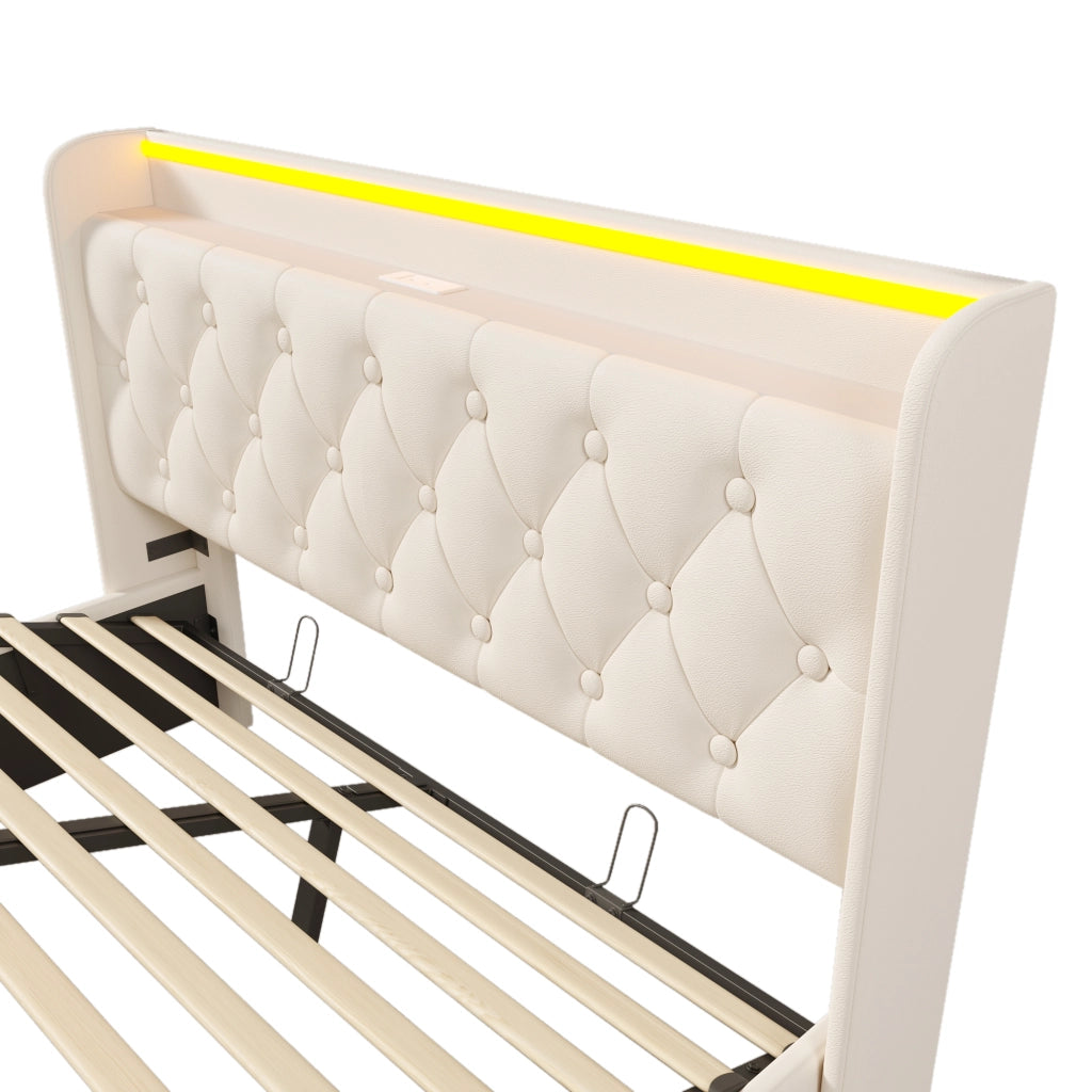 Letto matrimoniale 140 × 190 cm con contenitore idraulico; LED; USB e Type-C; senza materasso; in PU bianco