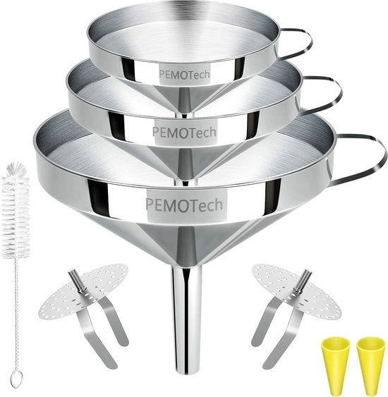 Treccia in acciaio inossidabile, treccia per cucina a tre parti con regolatore in silicone e filtro, per il trasferimento di ingredienti liquidi, ingredienti secchi e polvere, accessori con 1 spazzola di pulizia, 10/12/14 cm