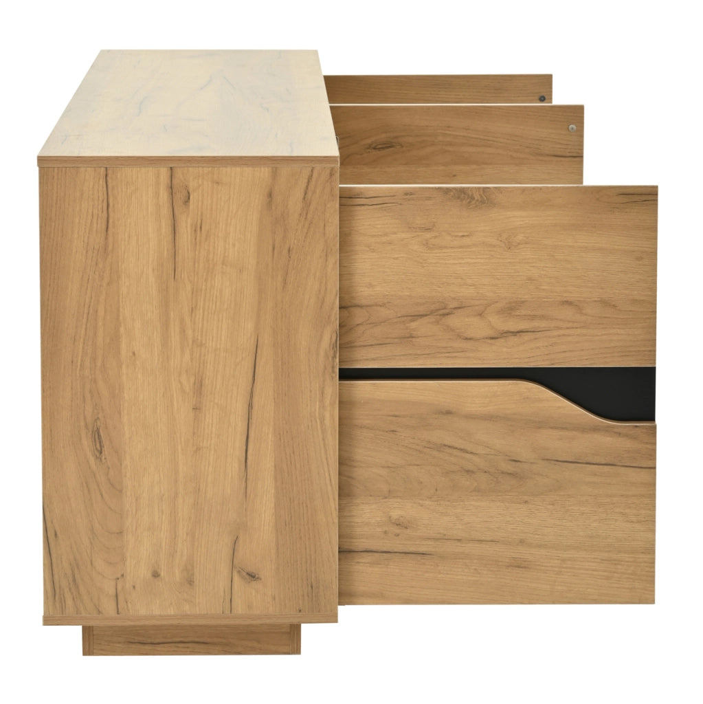 Madia 140x40x70 cm con 3 ante e ripiani regolabili; effetto rovere e nero HOMVRA