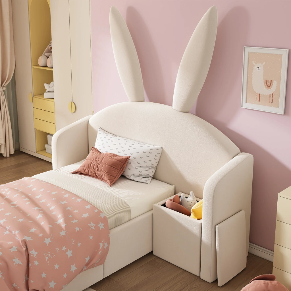 Letto per bambini 90x190 cm, letto idraulico con contenitore, testiera imbottita, forma a orecchie di coniglio, tessuto in velluto, beige