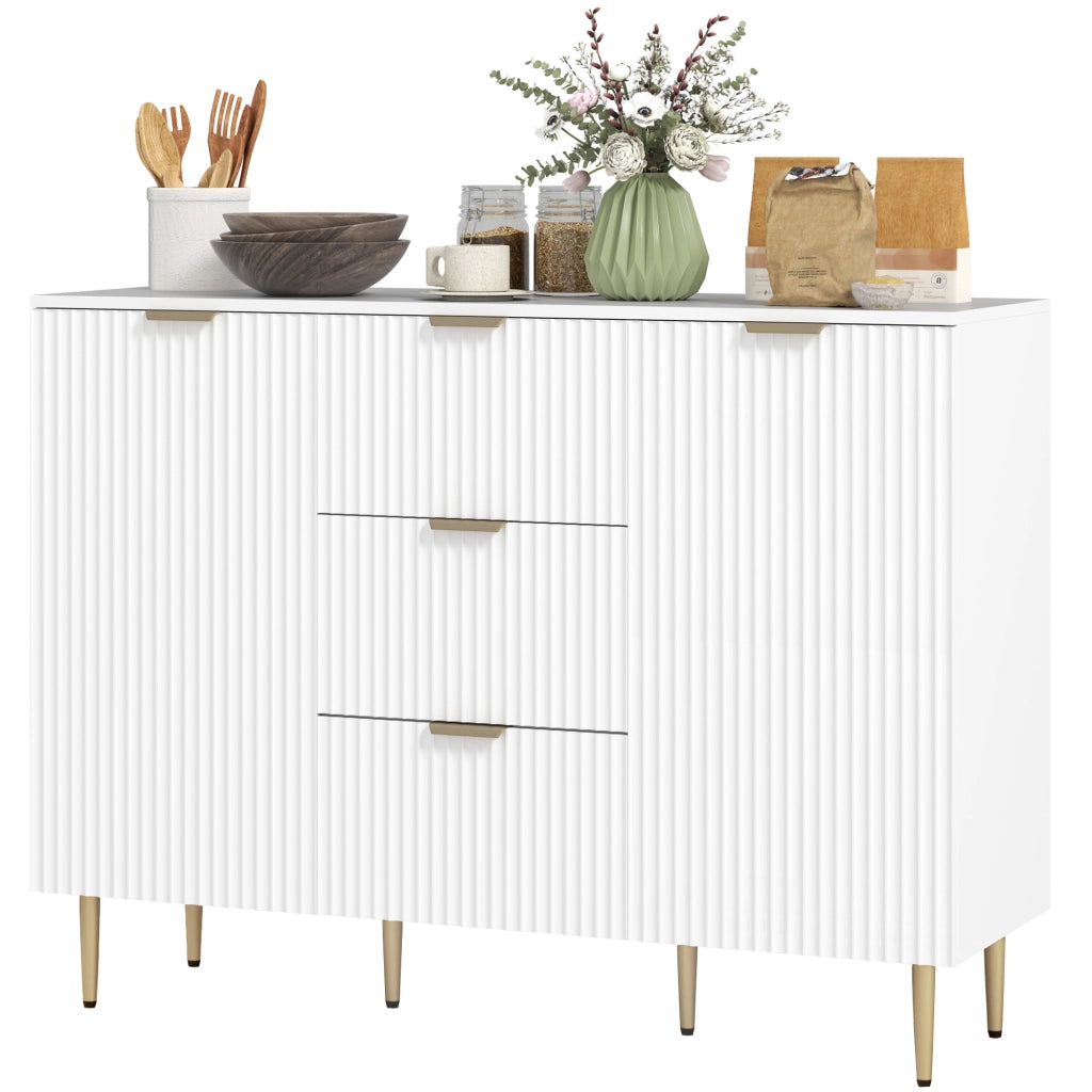 Buffet meuble cuisine rangement avec 3 tiroirs, étagères réglables, placards à portes cannelées, 120 x 40 x 90 cm, blanc