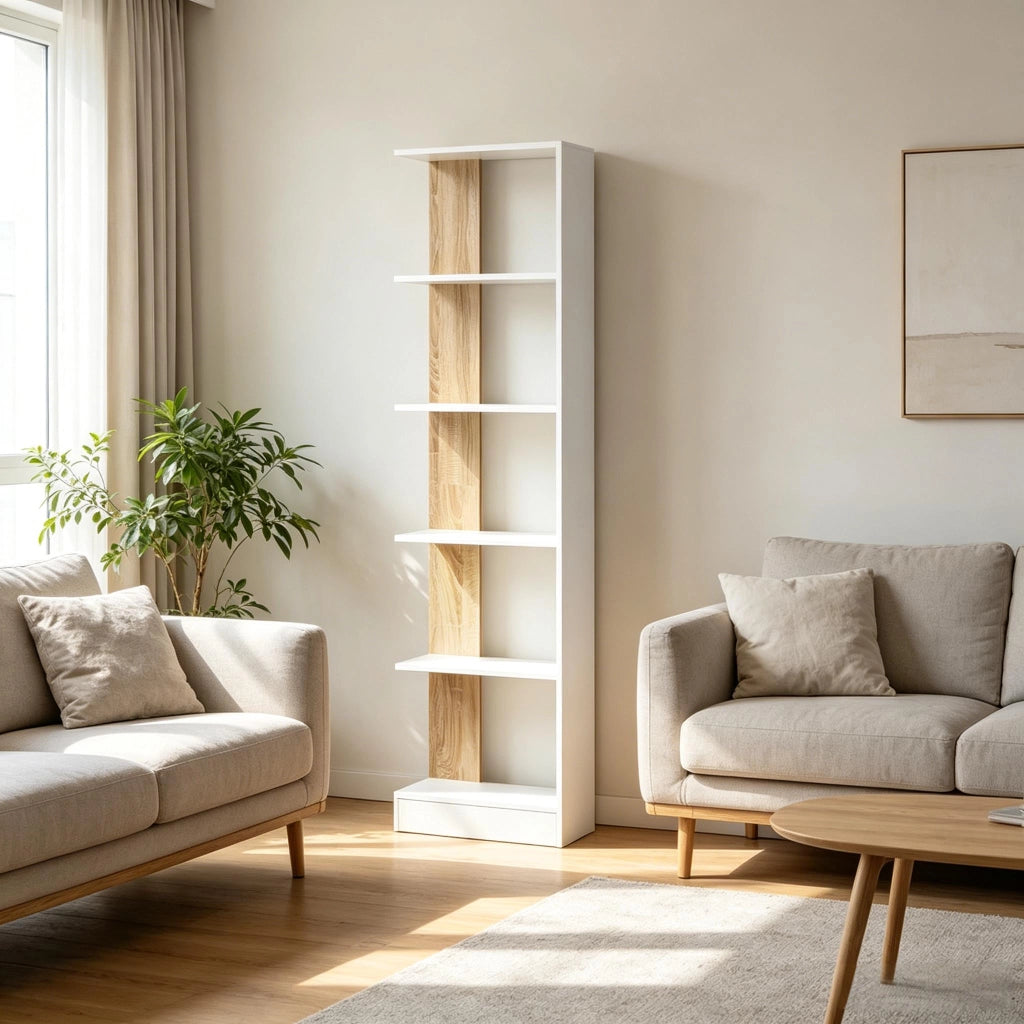 Libreria 45x21x170 cm con 5 vani aperti in truciolare bianco e rovere