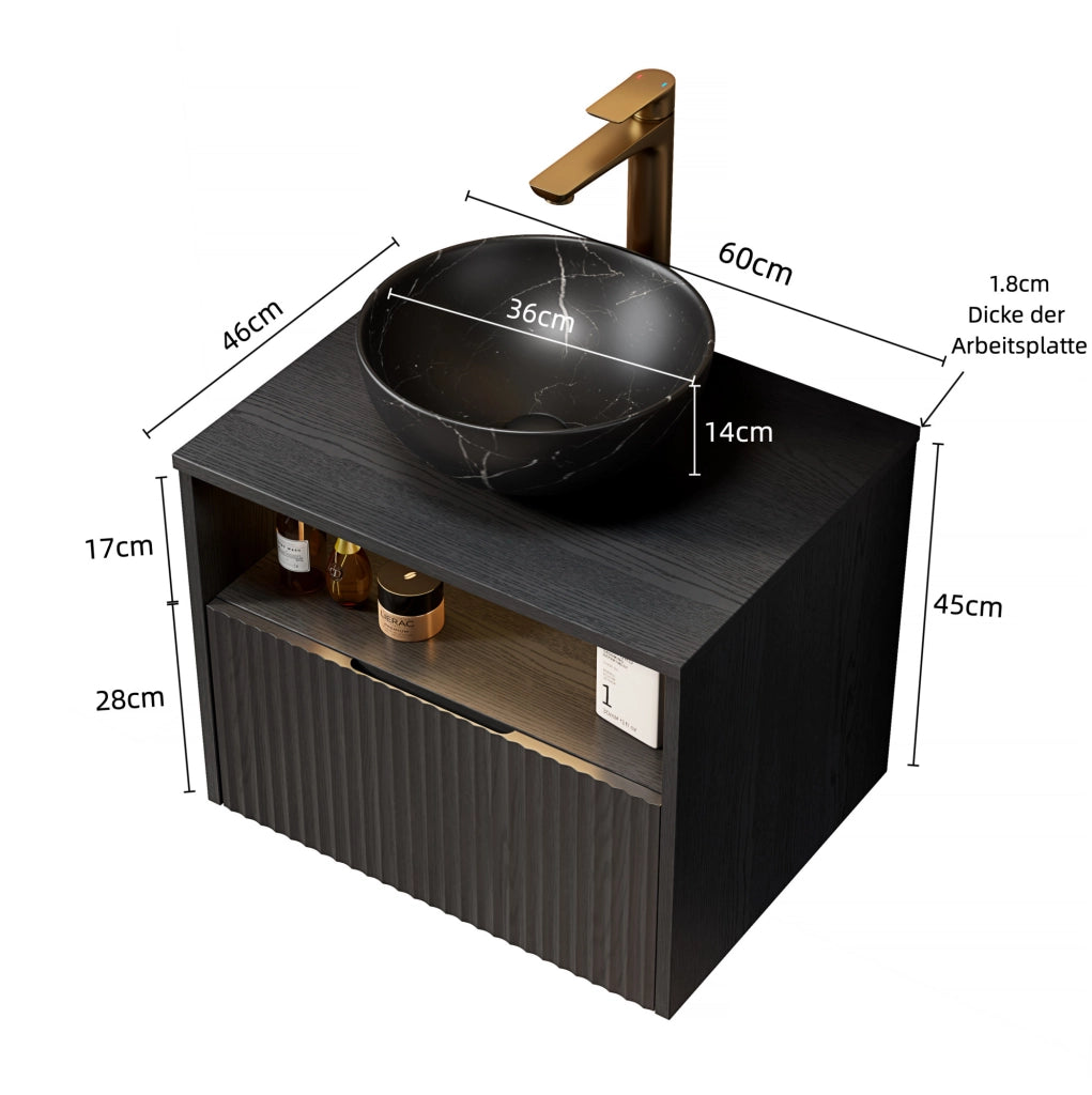 Mobile bagno sospeso 60 cm con lavabo in ceramica nera effetto pietra, armadietto in compensato rigato con cassetto e mensola, illuminazione sensorizzata, colore nero