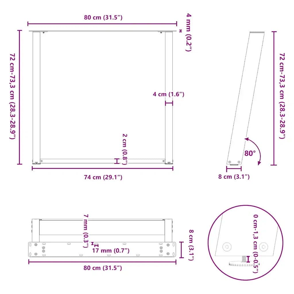 Gambe per tavolo da pranzo forma U 2 pz Antracite 80x(72-73) cm 4012798