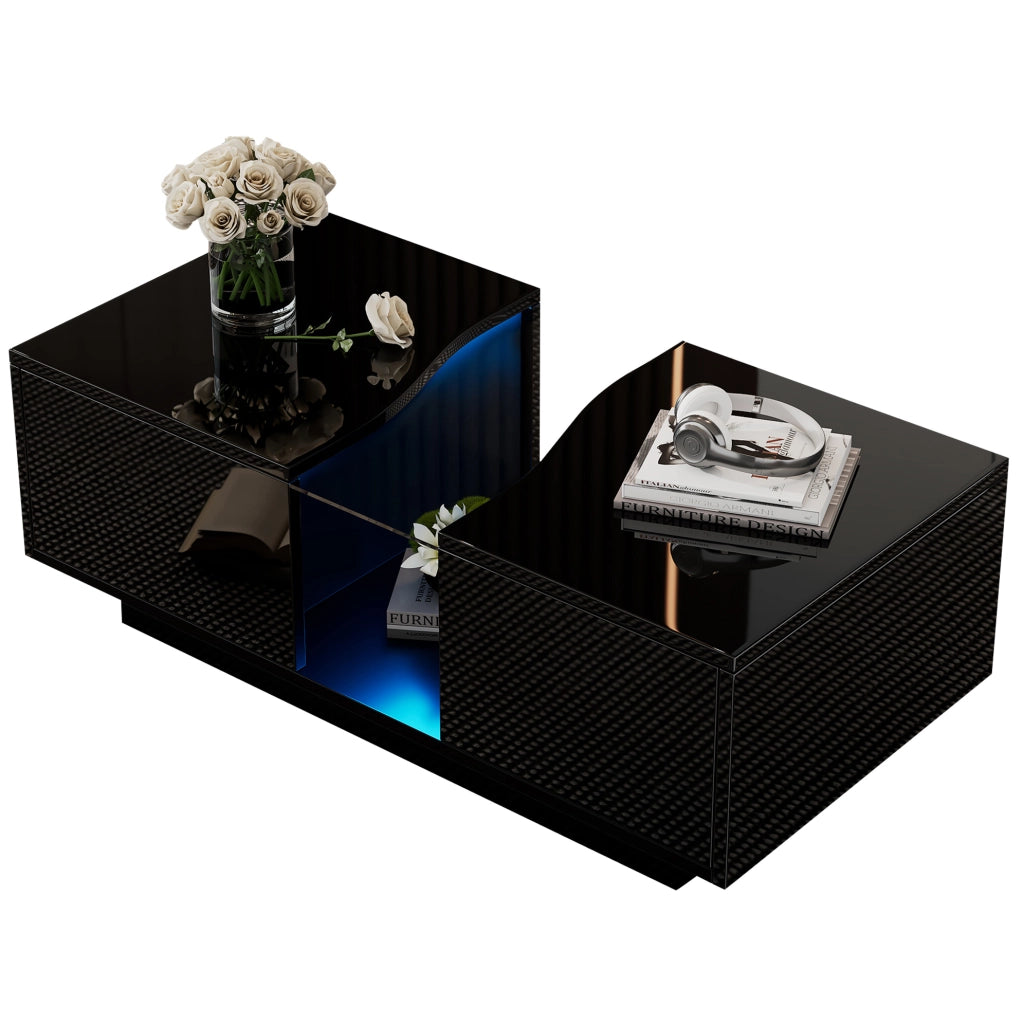 Tavolino da caffè LED 100x50x35 cm con 2 cassetti in MDF e acrilico; nero lucido
