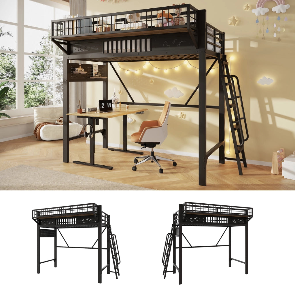 Letto a soppalco 90 × 200 cm con vani portaoggetti e spazio inferiore aperto in metallo nero