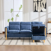 Divano a 3 posti in stile nordico con pouf contenitore, tessuto chenille blu, struttura in legno, design angolare L, ideale per soggiorni e spazi piccoli