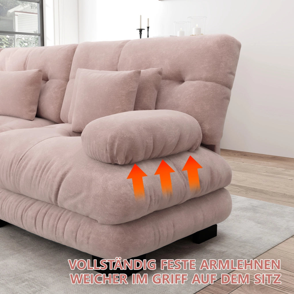 Divano modulare in ciniglia rosa con pouf mobili