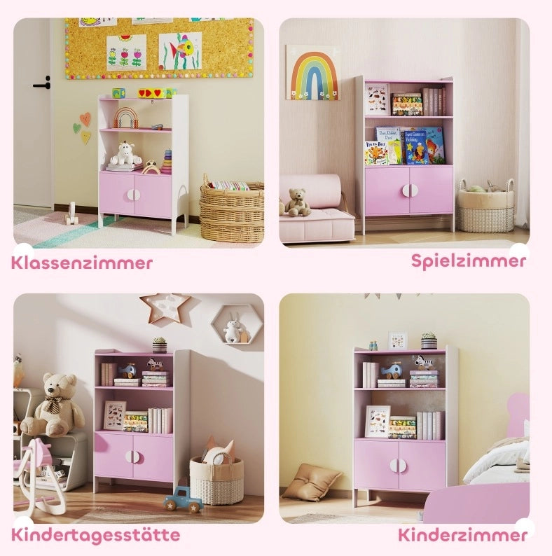 Libreria per bambini rosa con vani e ante, 60x35x100 cm