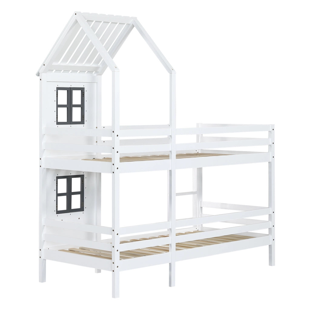 Letto a castello per bambini 90 × 200 cm in legno e MDF bianco e grigio con finestre scala e parapetti