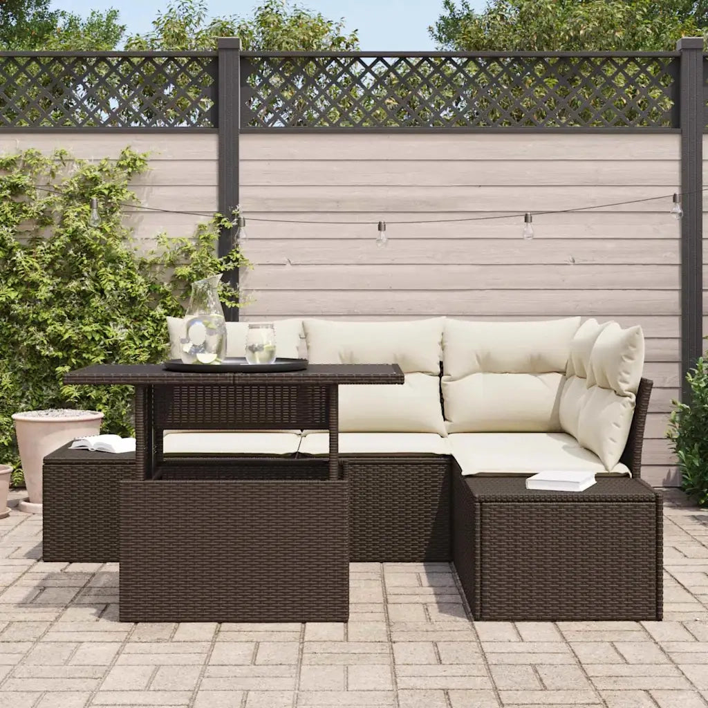 Set Divano da Giardino 5 pcs Marrone e Crema polyrattan