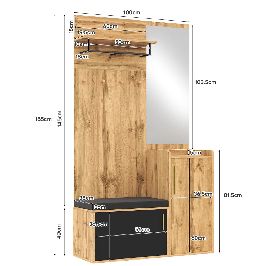 Set di mobili da ingresso con specchio panca imbottita e scarpiera in truciolare naturale e nero 100 × 38 × 185 cm