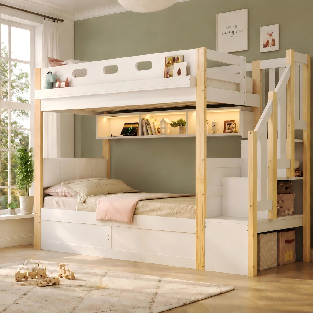 Letto a castello per bambini 90 × 200 cm con contenitore scala con vani LED USB e testiera imbottita bianco