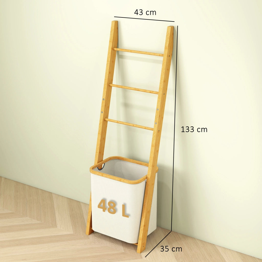 Portasciugamani a Terra in Bamb¨´ con 3 Barre e Cestino per Biancheria Estraibile 48 L Crema ¨C Minimal ¨C 42x42x160 cm