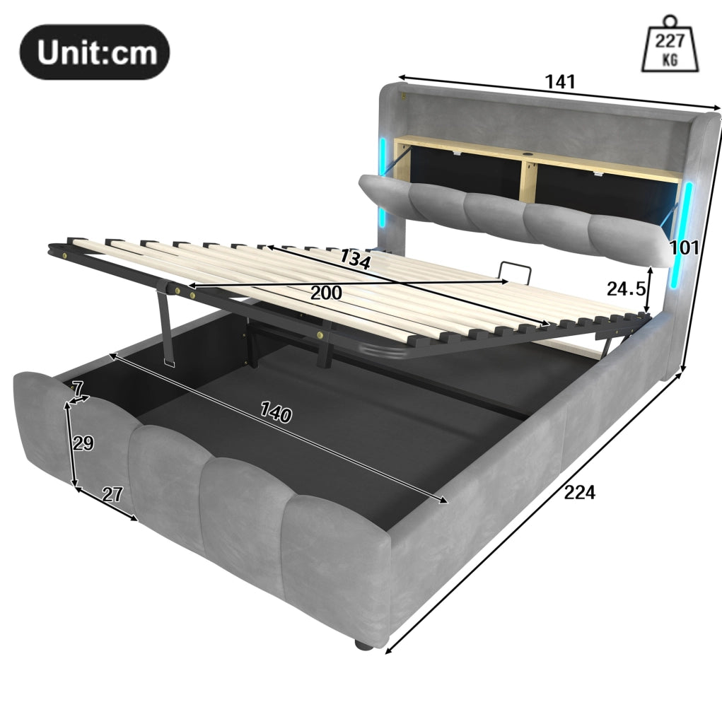 Letto matrimoniale 140x200 cm con contenitore idraulico; LED e USB-C; velluto grigio