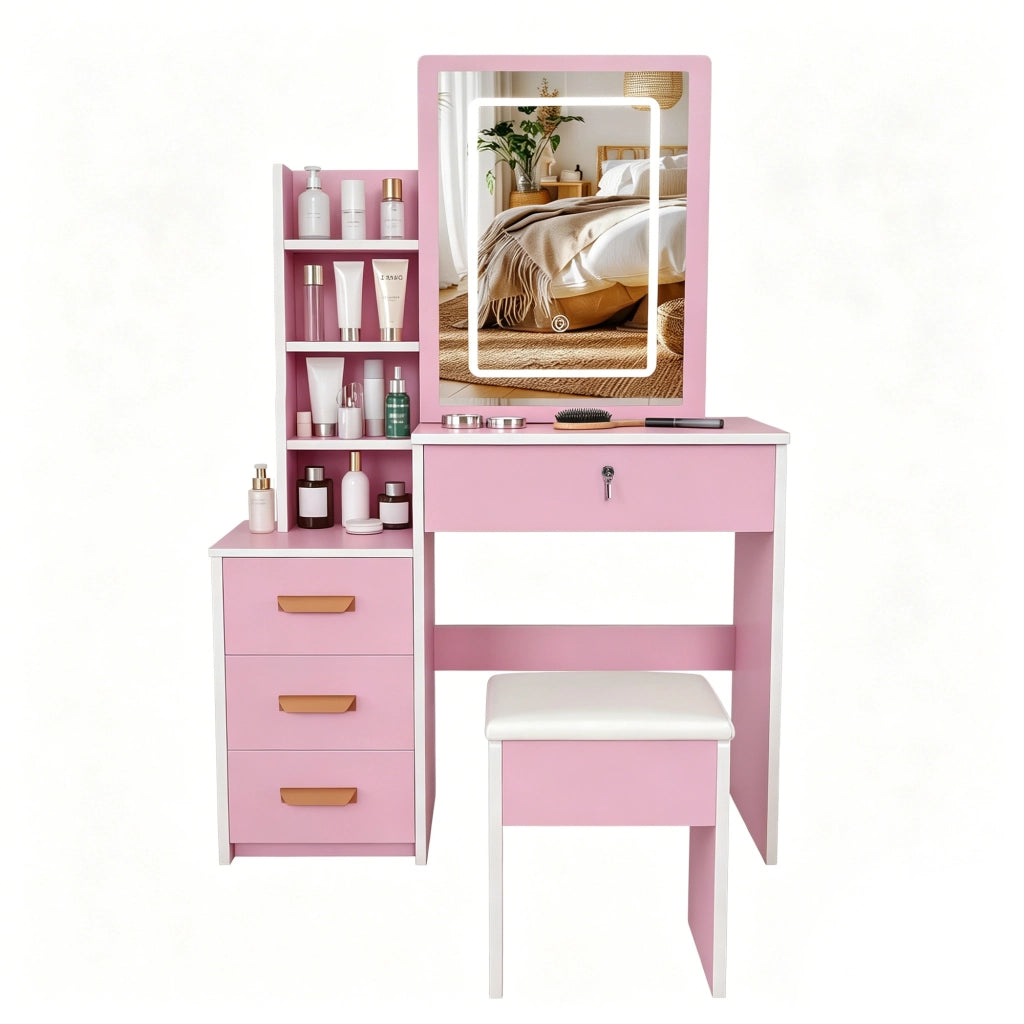 TOLETTA con Specchio LED e Sedia MDF Rosa
